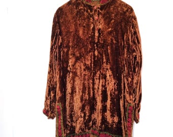 90s RAPP Boho Top Size XL Velvet Brown Embroidered Made In India Rayon Hippie Witchy Wimsygoth Festival Tunic