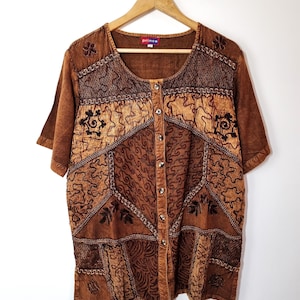 90s Boho Blouse Size L XL Top Patchwork Embroidery Brown Made In India Rayon Hippie Witchy Wimsygoth PRINCE