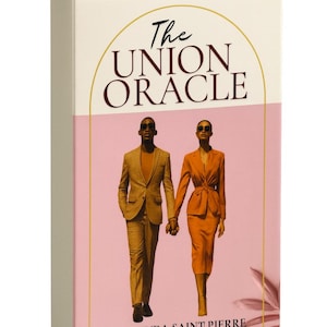 May include: A box for "The Union Oracle" by Melinda Saint Pierre. The box features a couple in suits holding hands against a pink background. The text "The Union Oracle" is in a stylish font.