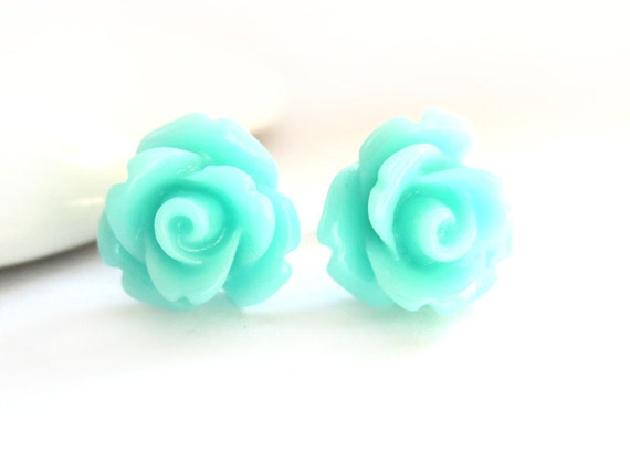 SALE Light Aqua Blue Rose Stud Earrings | Etsy