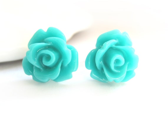 SALE Teal Rose Stud Earrings | Etsy