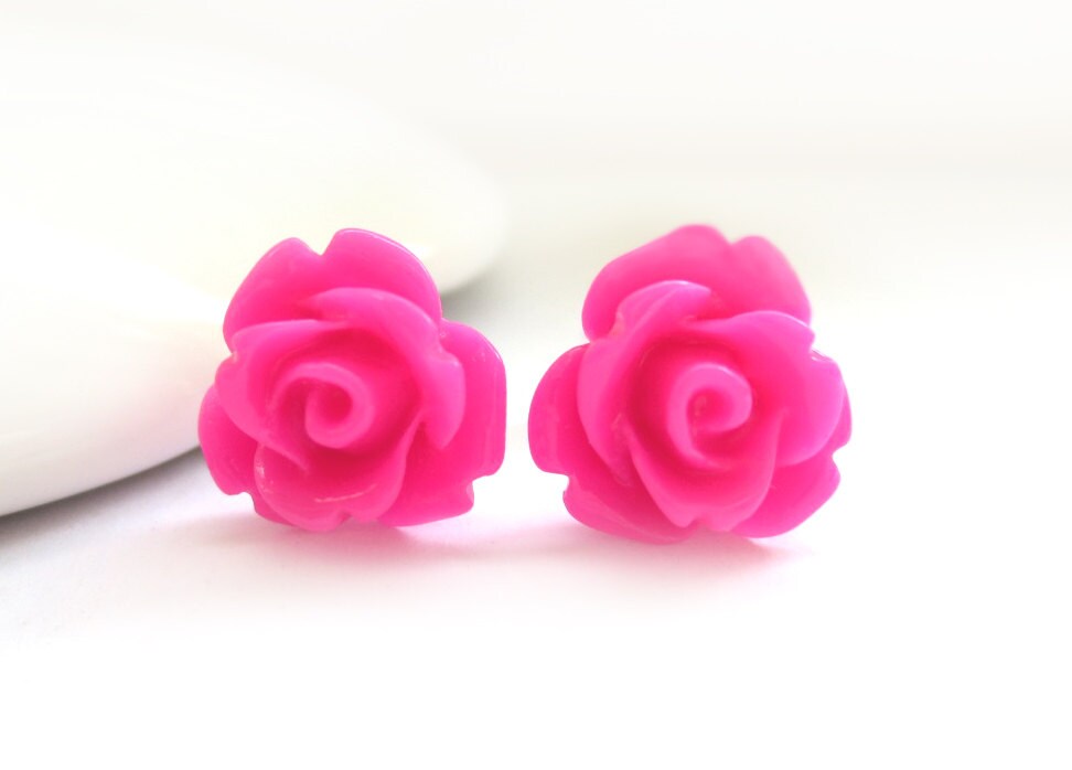 SALE Hot Pink Rose Stud Earrings | Etsy