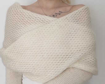 Hand Knit Mohair Wedding Wrap - Bridal Bolero, Ivory Stole