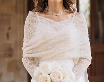 Chal de novia de seda mohair color marfil hecho a mano, elegante bolero de punto para bodas.