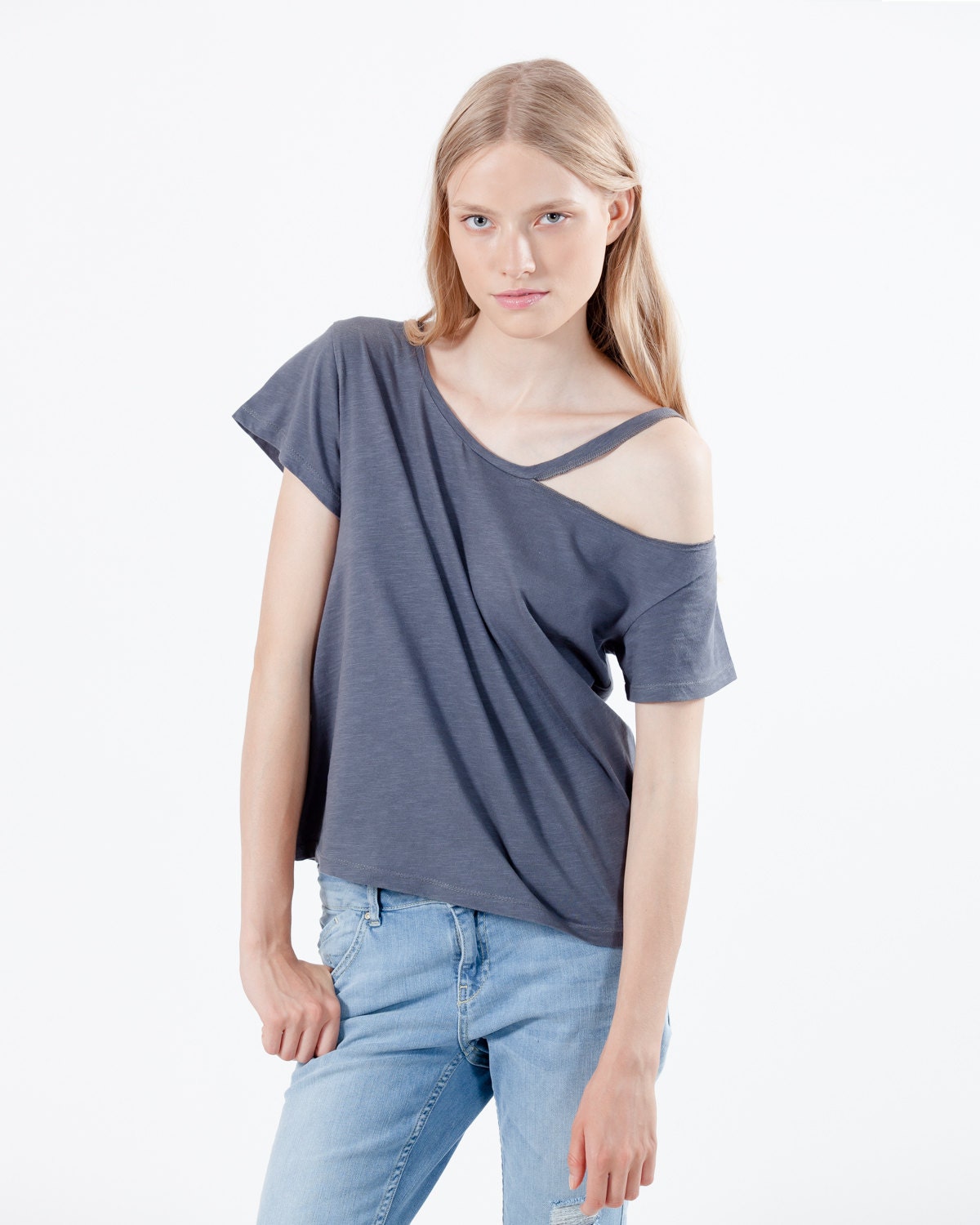 Shoulder Top Grey Cotton Jersey Shoulder Cut Out - Etsy