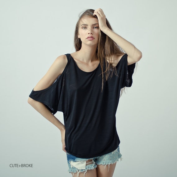 Black Cut Out Shoulder Top Oversized Shoulder Top - Etsy