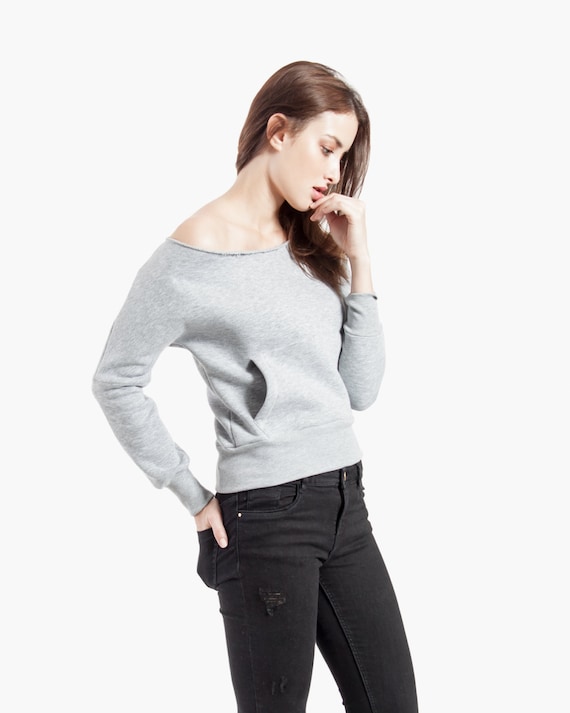 grey off the shoulder sweatshirt