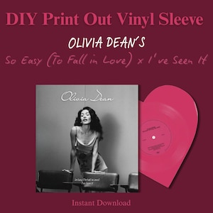 Könnte beinhalten: Eine DIY-Ausdruck-Vinylhülle mit Olivia Deans "So Easy (To Fall in Love) x I've Seen It". Das Bild zeigt ein Schwarz-Weiß-Foto von Olivia Dean, eine herzförmige Vinylplatte in Pink und den Text "Instant Download".
