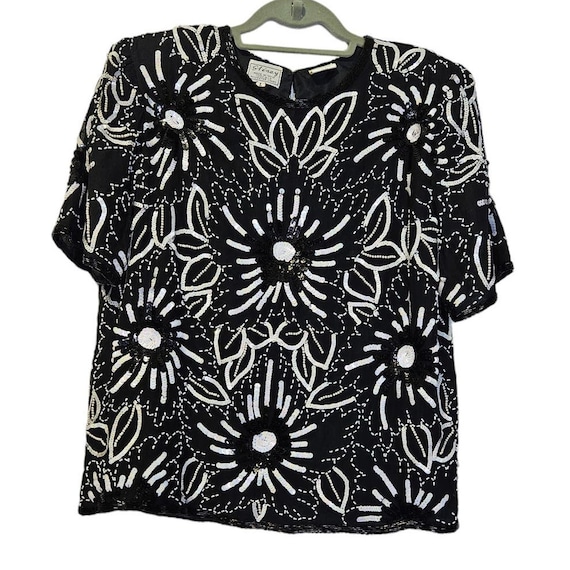 Vintage 90s Stenay L Black White Floral Glam Silk… - image 1