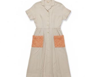 Vintage 50s L'Aiglon Linen Embroidered Shirt Dress Tan Orange Floral Button