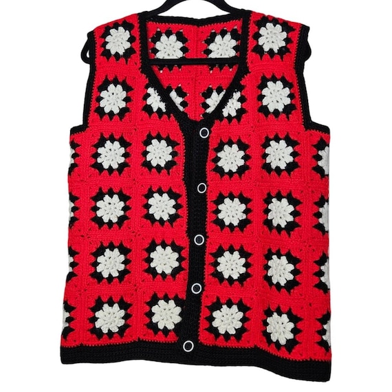 Vintage fait main L rouge noir grand-mère carré gilet bohème