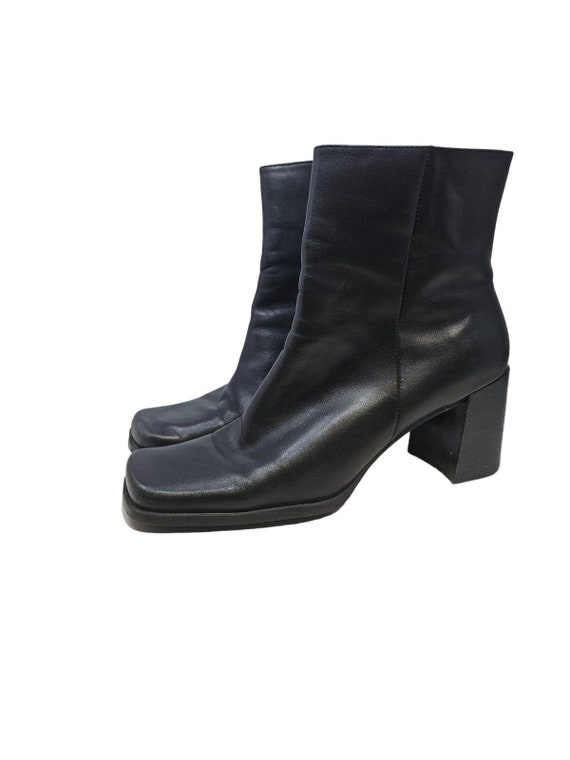 Vintage 90s 10 Black Leather Chunky Square Toe Bo… - image 4