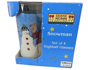 Vintage 90s Debbie Mumm 4 Snowman Glasses Highball Christmas Holiday Whimsical