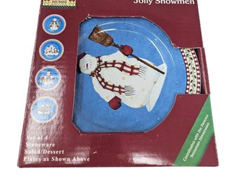Vintage 90s Debbie Mumm 4 Jolly Snowmen Salad Plates Christmas Holiday Whimsical