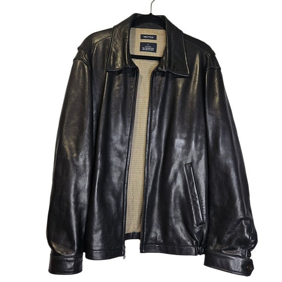 Vintage Y2K Nautica L Black Leather Bomber Jacket… - image 1