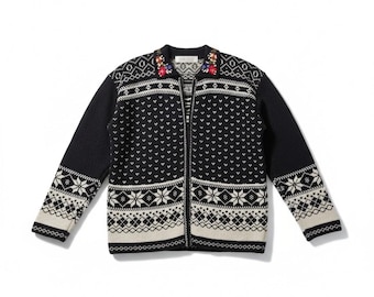 Vintage 90s Karen Scott M Black Nordic Zip up Cardigan Sweater Cottage Fair Isle