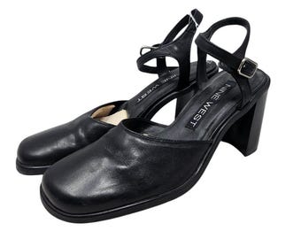 Y2K 90s Nine West 5 Black Leather Chunky Mary Jane Whimsygoth Grunge Goth