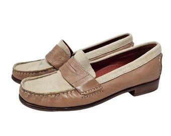 Vintage Y2K Cole Haan 6 Canvas Brown Two Toned Penny Loafer Classic Preppy