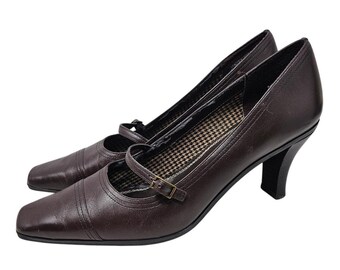 Vintage Nine Co 9 Brown Leather Heel Mary Jane Square Toe Whimsygoth Academia