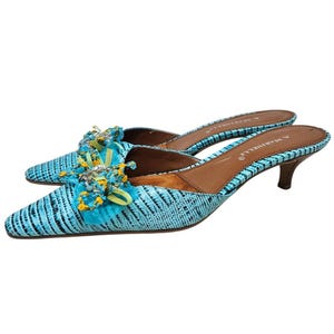 Vintage Y2K A. Marinelli 8 Blue Croc Embossed Kitten Heel Mule Beaded Glam