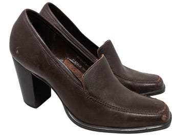 Vintage 90s 10 Brown Leather Chunky Heel Loafer Whimsygoth Square Toe Academia