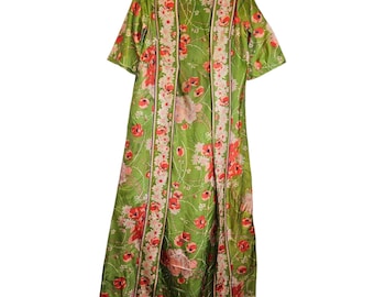 Vintage des années 60 Loll Ease M vert fleuri robe tunique Palm Springs rétro longue longueur