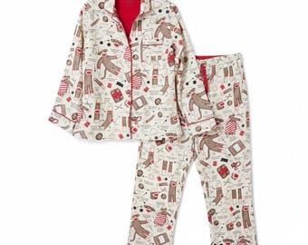 Vintage Y2K Nick Nora L Sock Monkey Cotton Flannel 2 Piece Pajama Sew Whimsy
