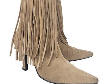 Vintage Y2K 10 Newport News Brown Leather Fringe Pointed Toe Boot Western Boho