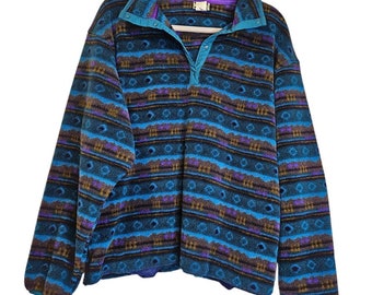 Vintage 90s L.L. Bean XL Snap Pullover Fleece Gorpcore Blue Southwestern Print