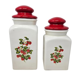 Vintage Ceramic Strawberry Kitchen Canisters Cottage Kitsch Red White Glazed