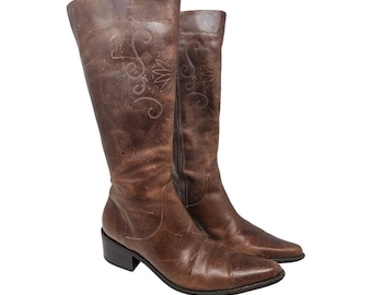 Vintage Matisse 8 Brown Leather Stitched Boot Western Boho Zip Up Flower
