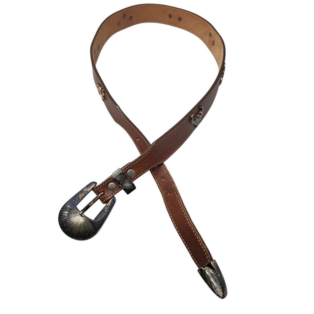 Vintage 90s Silver Creek Collection 32 Brown Leather Western Belt Concho Figures Vintage 90s Silver Creek Collection 32 Brown Leather Western  main image 2