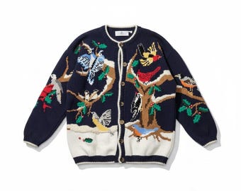 Vintage 90s L Design Options Winter Birder Sweater Cardigan Birder Holiday