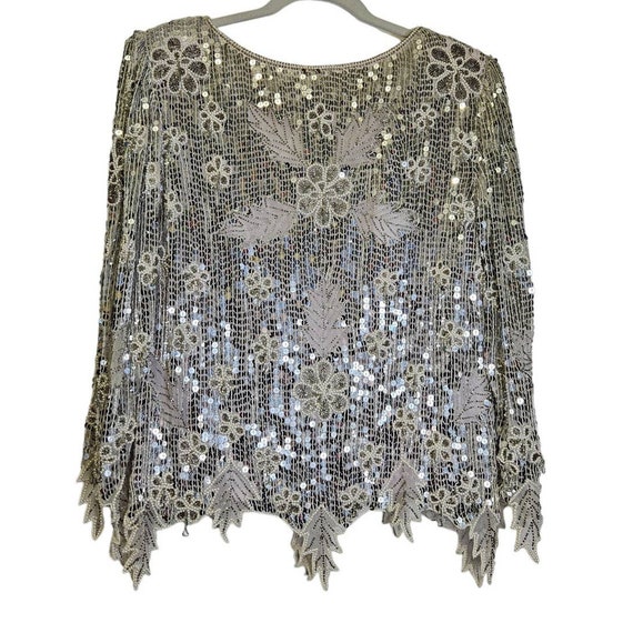 Vintage 80s XS Silver Sequin Disco Silk Top Flora… - image 1