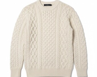 Irelands Eye S Virgin Wool Fisherman Sweater Cable Knit Ivory Crew Neck Cabin