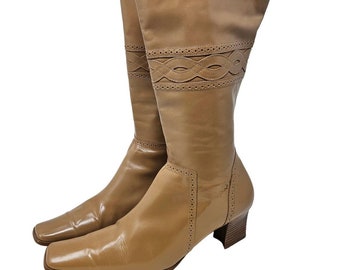 Vintage Y2K Square Toe Chunky Boot 10 Leather Tan Beige Boho Western Cowgirl