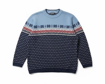 Vintage 90s Lands End XL Blue Wool Nordic Fair Isle Sweater Cabin Ski Gorpcore