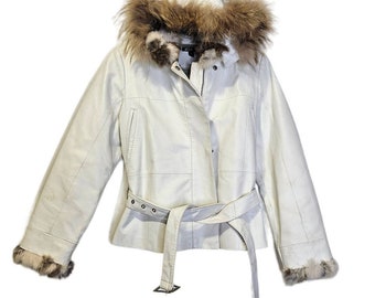Vintage Y2K Black Rivet S White Leather Faux Fur Hood Belted Jacket Snow boho