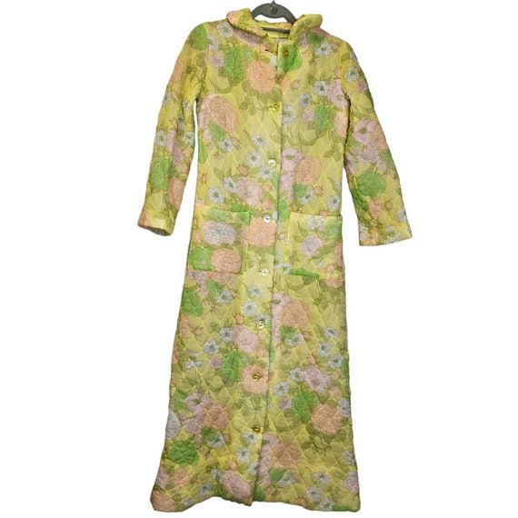 Vintage 60s L Quilted House Coat Robe Kitsch Gree… - image 1