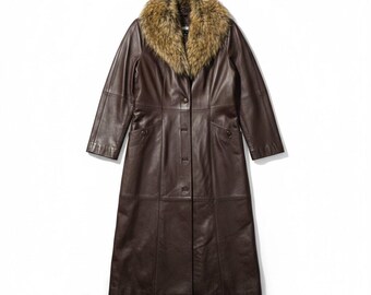 NEW Terry Lewis S Brown Leather Penny Lane Long Coat Faux Fur Boho Whimsygoth