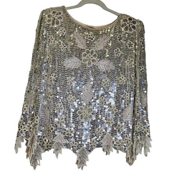 Vintage 80s XS Silver Sequin Disco Silk Top Flora… - image 2