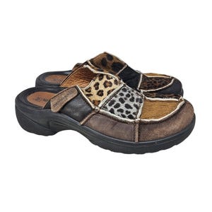 Romika 40 Brown Calf Hair Patchwork Animal Print Chunky Clog Mule Grunge Whimsy