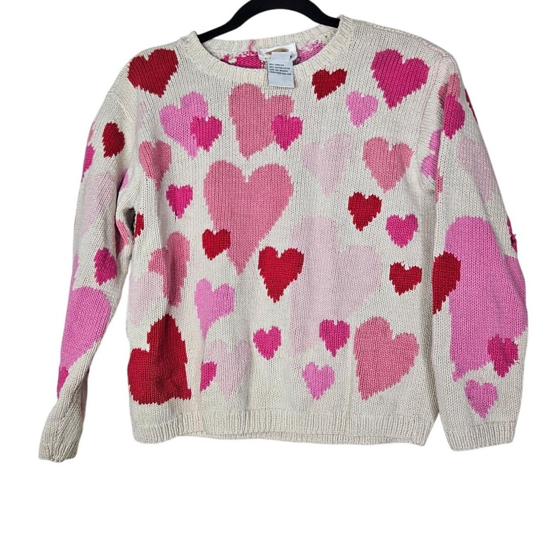 Vintage 90s Talbots PS Linen Cotton Pink Heart Sweater Valentines