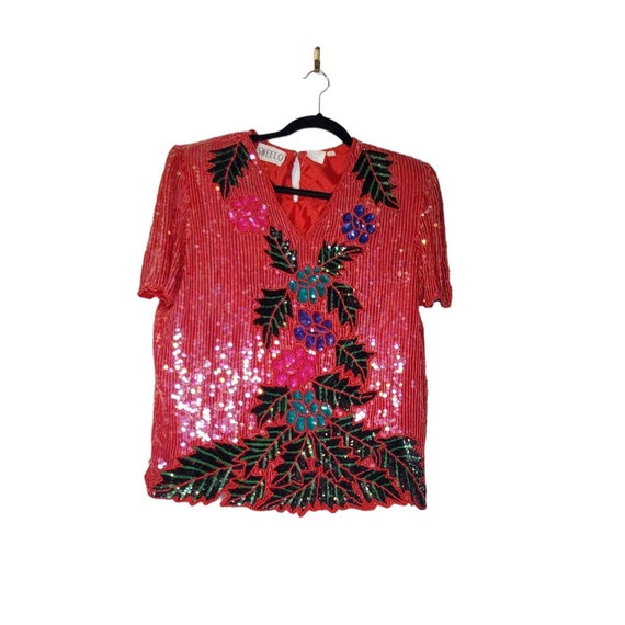 Deadstock Vintage 80s XL Sweelo Sequin Floral Red… - image 1