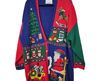 Vintage 90s Marisa Christina II 2X Christmas Cardigan Sweater Holiday Kitsch