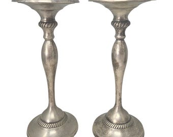 Vintage 90s 2 Pottery Barn Taper Candlesticks Silver Plated 10 in Traditional