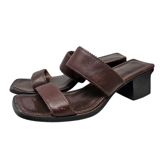 Vintage 90s Nine West Brown Leather Square Toe Slide Sandal