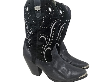Vintage 80s Dingo 9.5 Ava Black Leather Western Cowgirl Boot Studded Glam Rodeo
