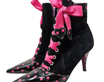 Vintage Y2K Betsey Johnson 6 Black Pink Polka Dot Lace Up Boot Whimsygoth