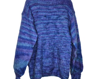 Vintage Handmade L Purple Blue Striped Mohair Fuzzy Sweater Cozy Cottage Knit